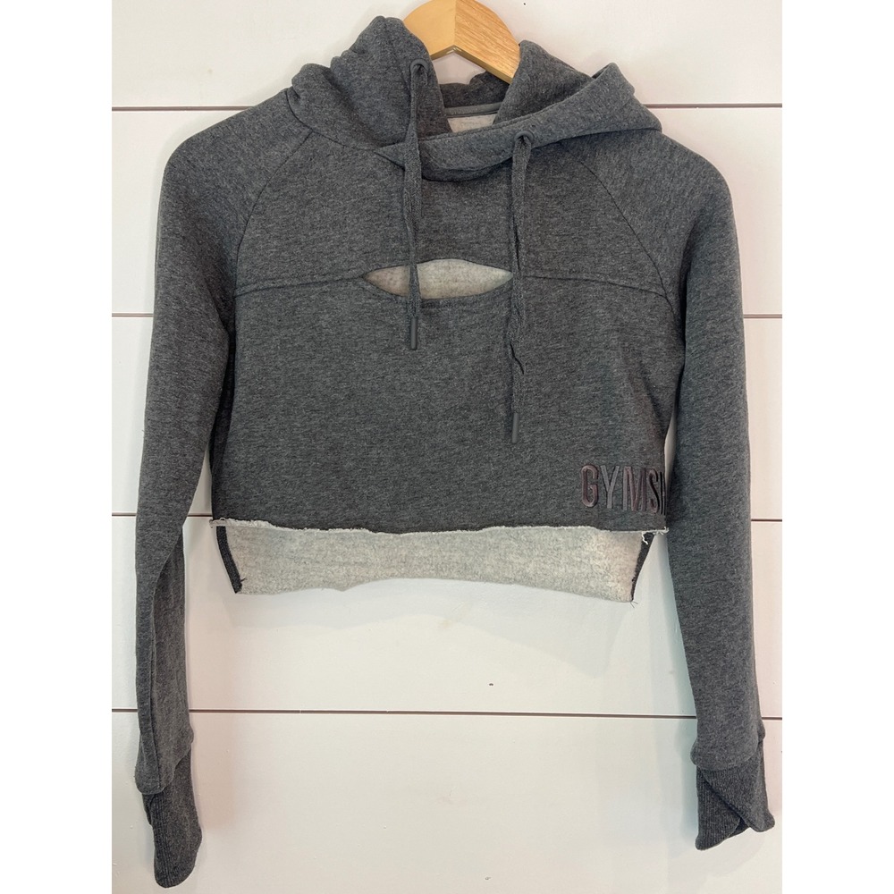 Gymshark Womens Gray Cropped Cutout Hoodie Raw Hem Athleisure Charcoal Small